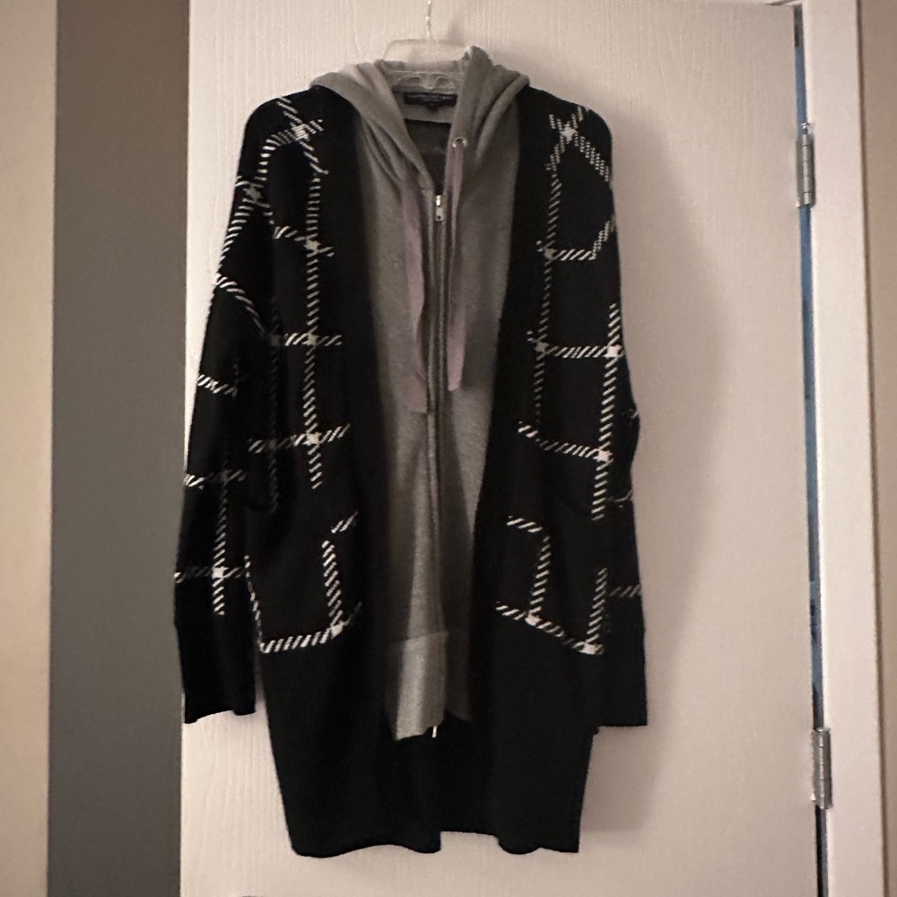 Central Park West cardigan sweater with attached cotton hoodie.